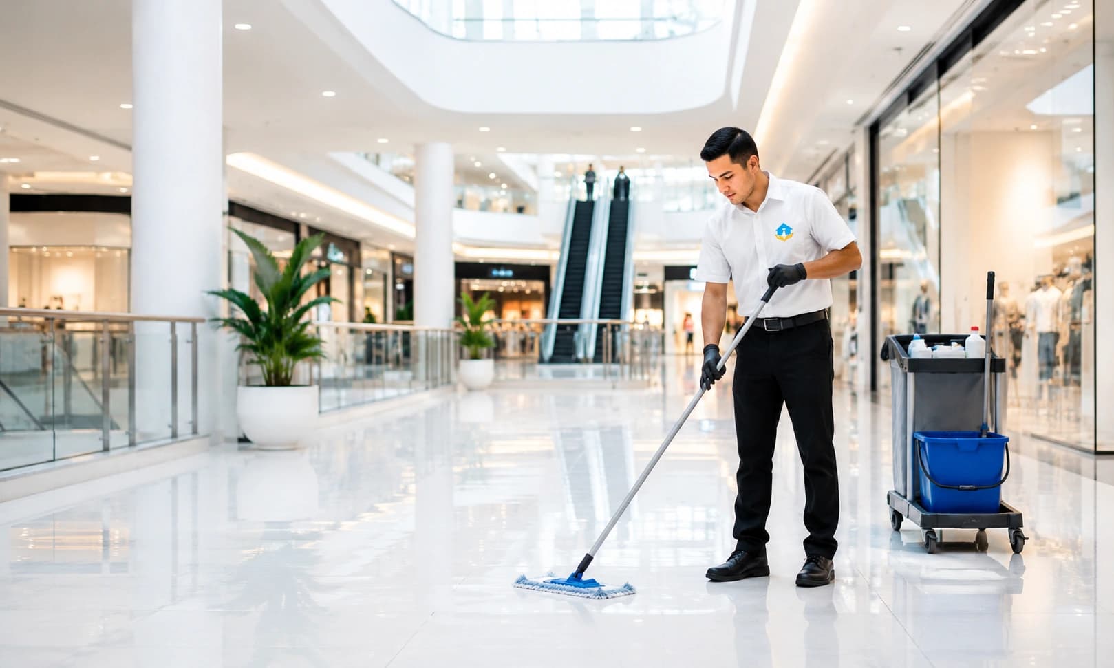Janitor cleaning an office floor