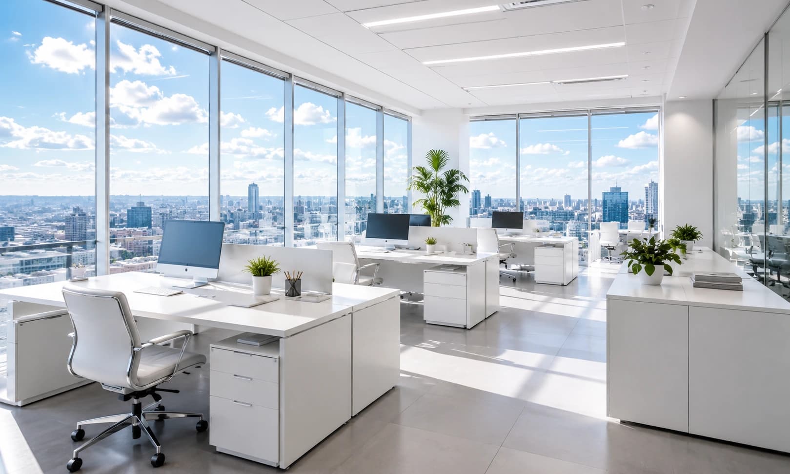 Modern office with large windows overlooking the city